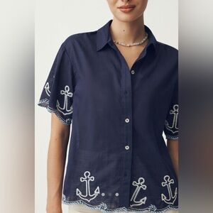 Anthropologie Maeve Henrietta Surf Shirt NWOT Navy Embroidered Nautical M